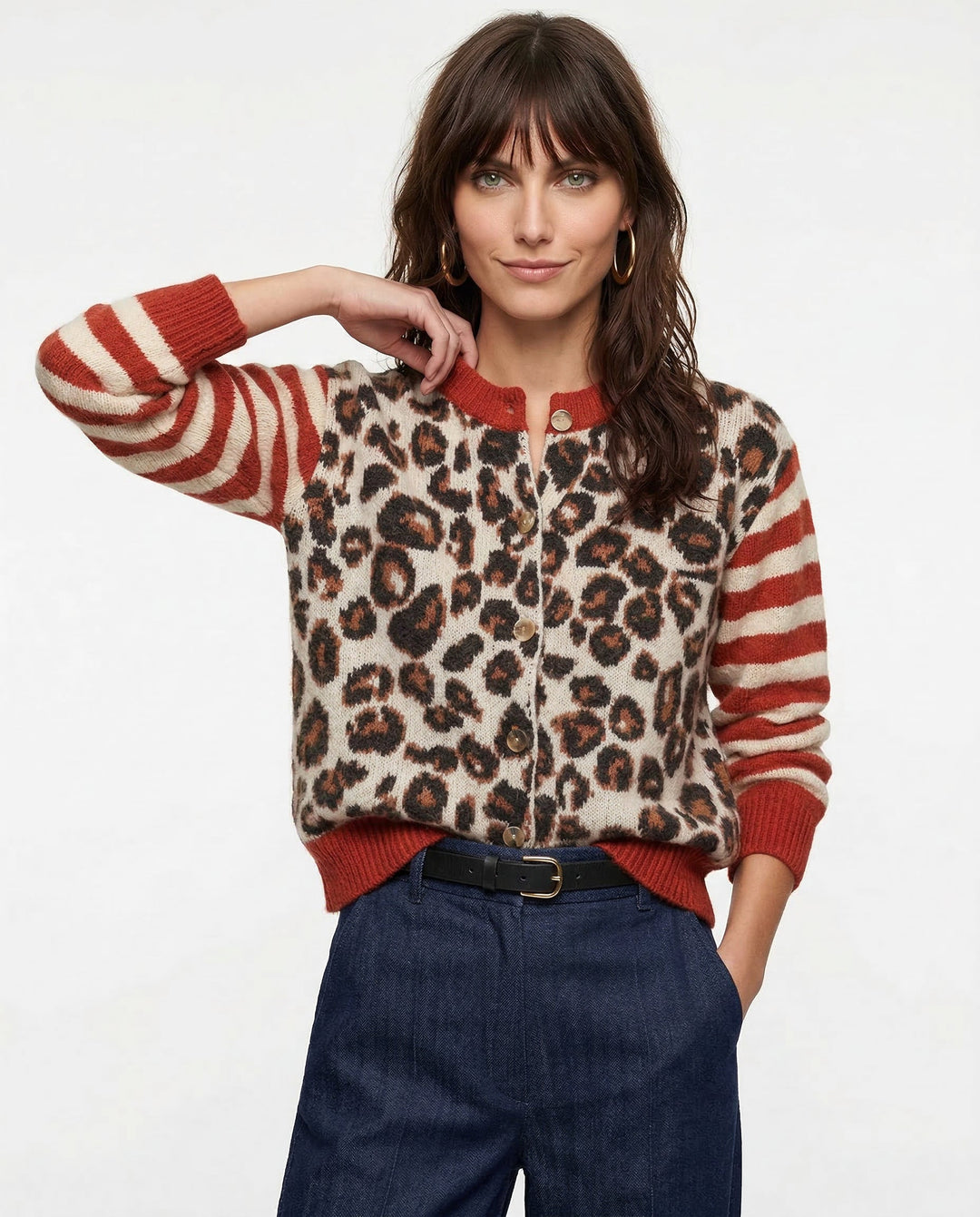 Morgan & Brooke | Tan Leopard-Stripe Print Relaxed Viscose Top