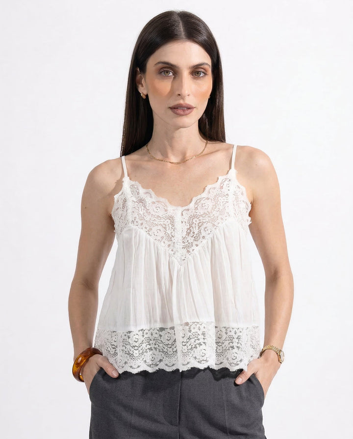 Morgan & Brooke | Ivory Lace-Trim Lightweight Silk-Blend Cami