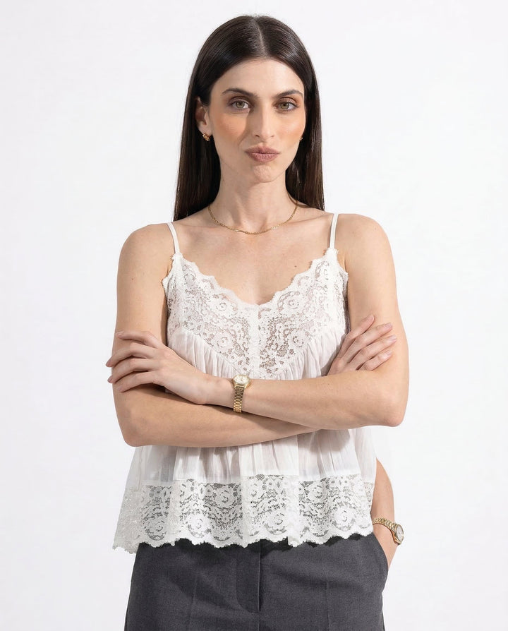 Morgan & Brooke | Ivory Lace-Trim Lightweight Silk-Blend Cami