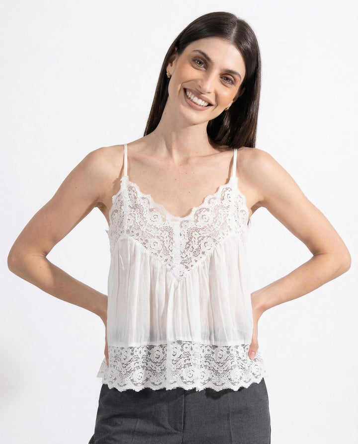 Morgan & Brooke | Ivory Lace-Trim Lightweight Silk-Blend Cami