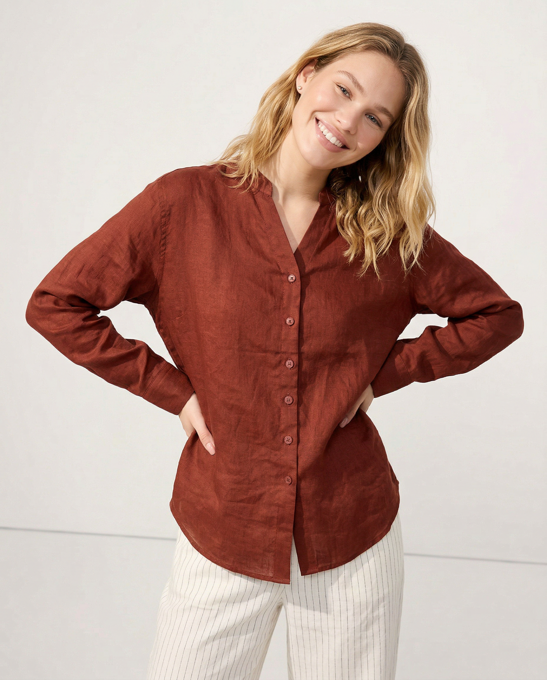 Morgan & Brooke | Natural Collarless V-Neck Linen Shirt