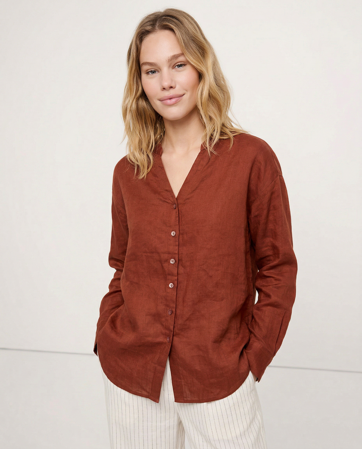 Morgan & Brooke | Natural Collarless V-Neck Linen Shirt