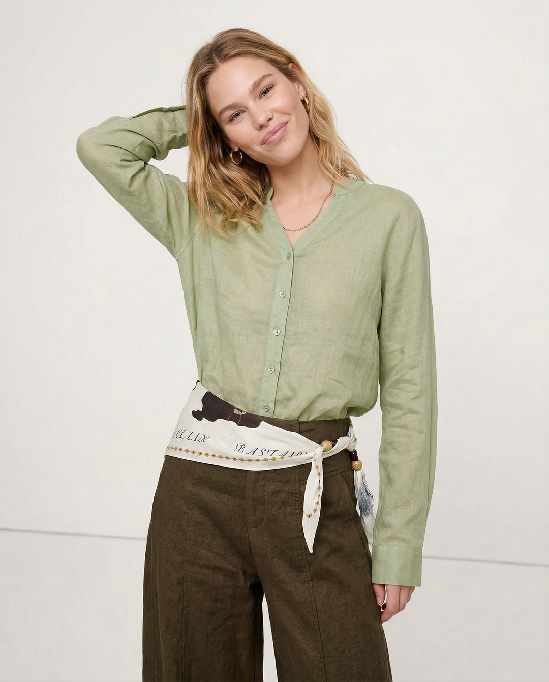 Morgan & Brooke | Natural Collarless V-Neck Linen Shirt