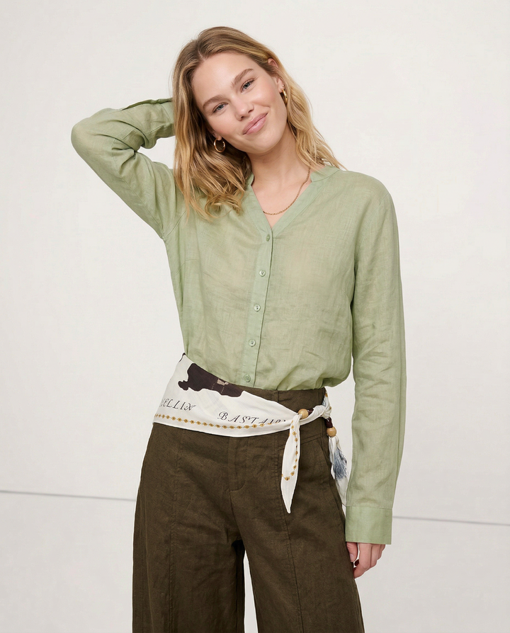Morgan & Brooke | Natural Collarless V-Neck Linen Shirt
