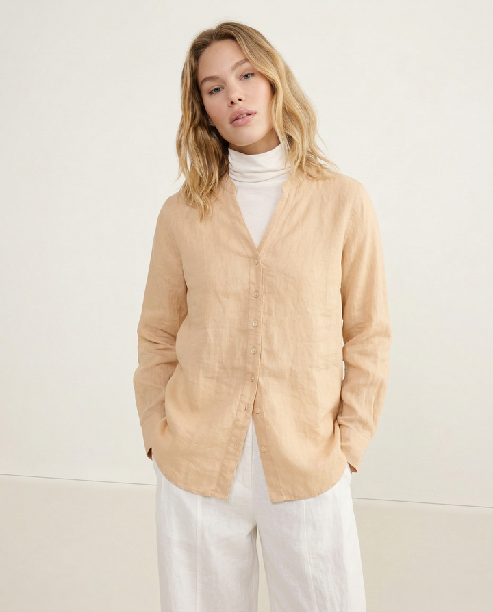 Morgan & Brooke | Natural Collarless V-Neck Linen Shirt