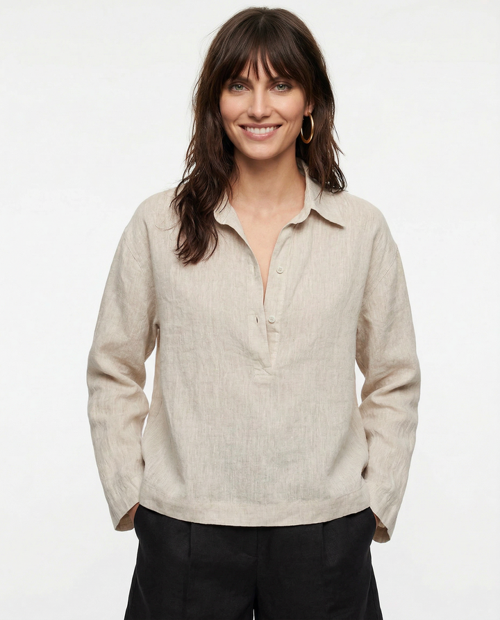 Morgan & Brooke | Natural Polo Collar Relaxed Fit Linen Pullover