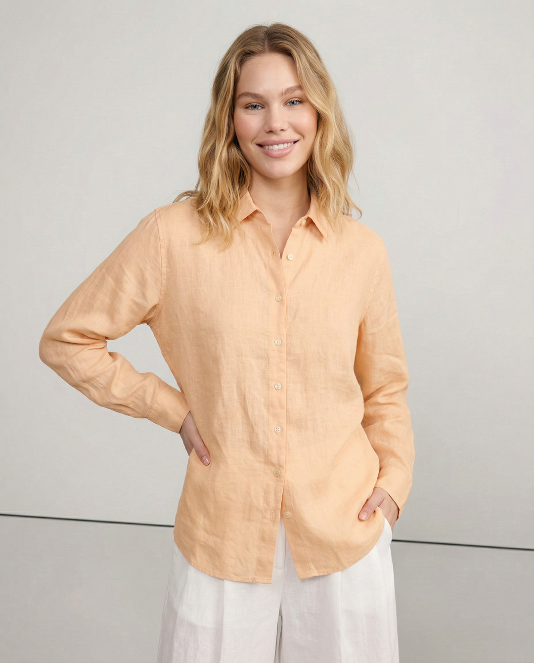 Morgan & Brooke | Natural Collarless V-Neck Linen Shirt