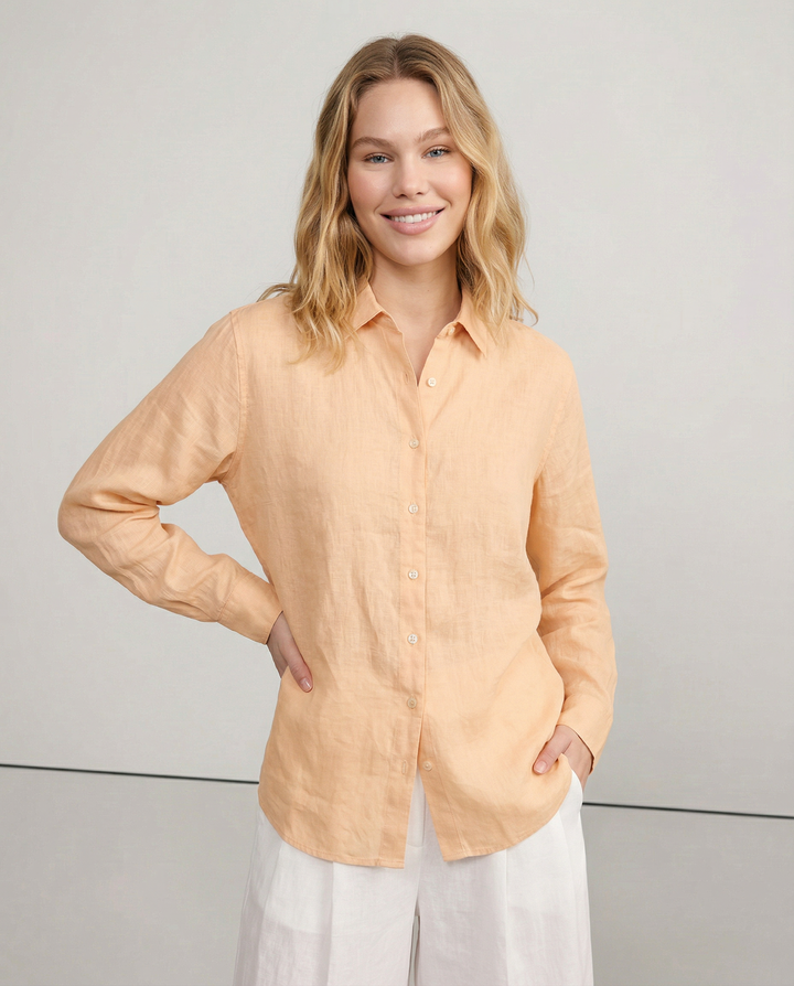 Morgan & Brooke | Natural Collarless V-Neck Linen Shirt