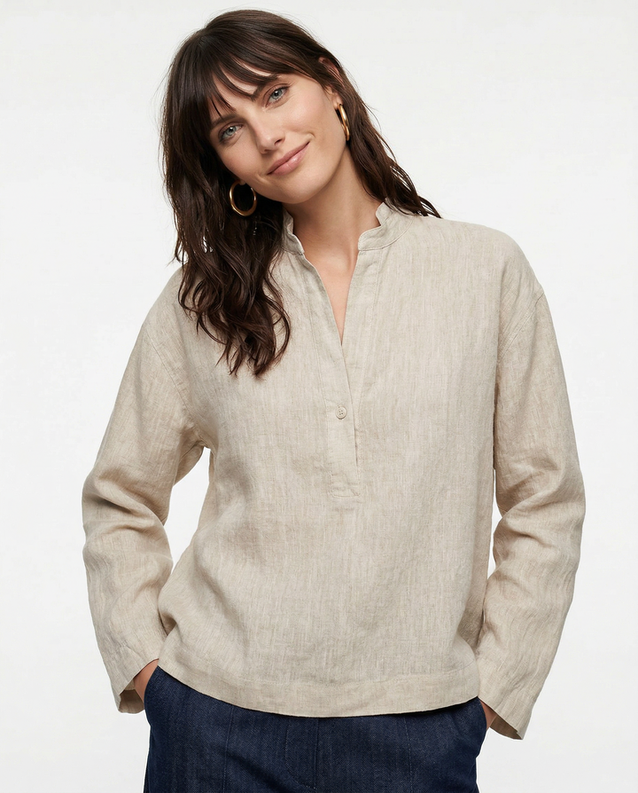 Morgan & Brooke | Natural Polo Collar Relaxed Fit Linen Pullover