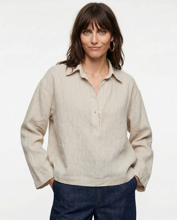 Morgan & Brooke | Natural Polo Collar Relaxed Fit Linen Pullover