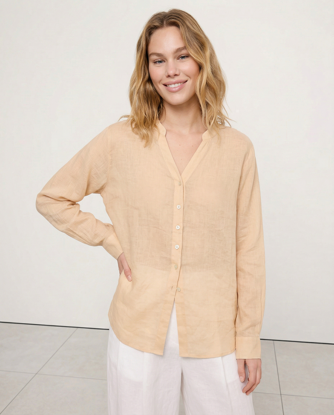 Morgan & Brooke | Natural Collarless V-Neck Linen Shirt