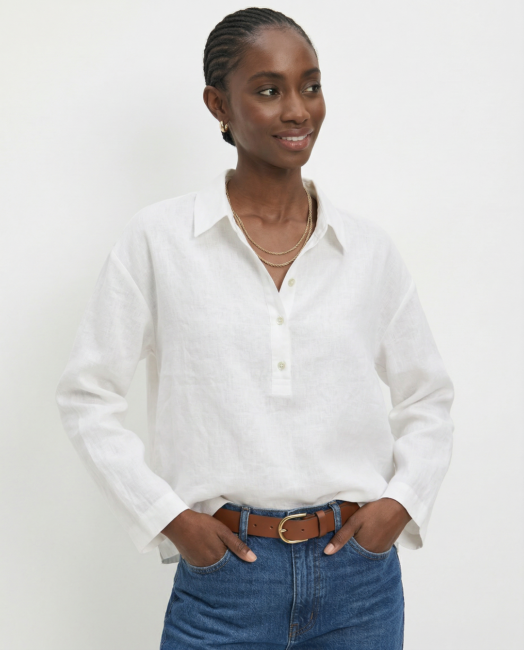 Morgan & Brooke | Natural Polo Collar Relaxed Fit Linen Pullover