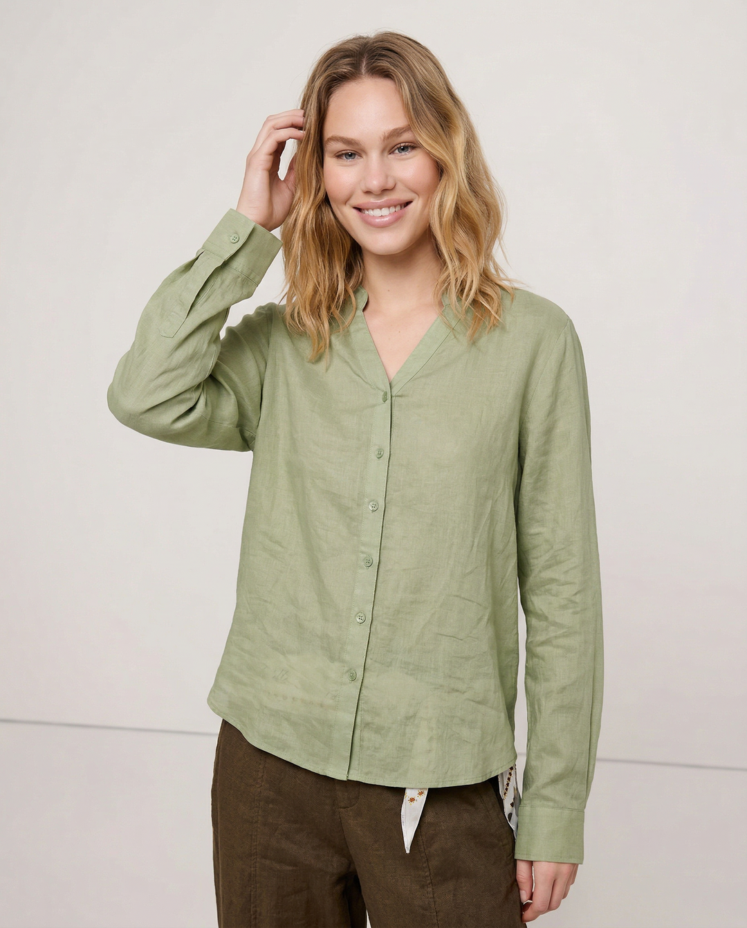 Morgan & Brooke | Natural Collarless V-Neck Linen Shirt