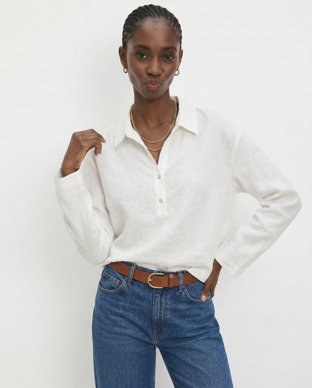 Morgan & Brooke | Natural Polo Collar Relaxed Fit Linen Pullover