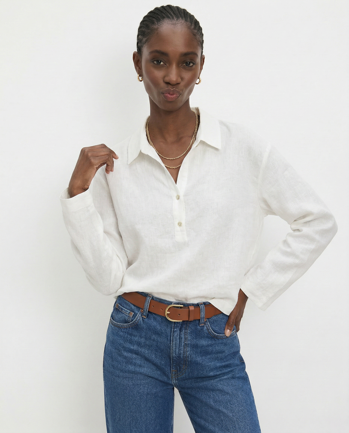 Morgan & Brooke | Natural Polo Collar Relaxed Fit Linen Pullover