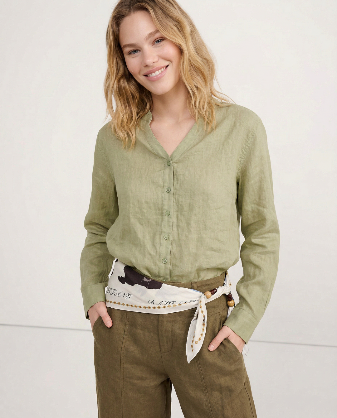 Morgan & Brooke | Natural Collarless V-Neck Linen Shirt