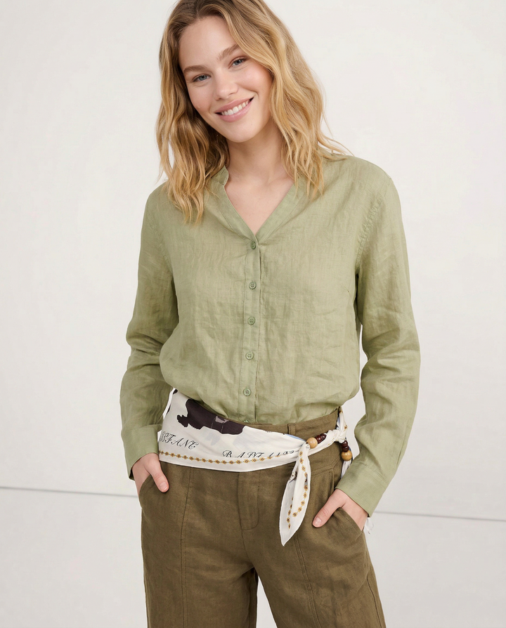 Morgan & Brooke | Natural Collarless V-Neck Linen Shirt