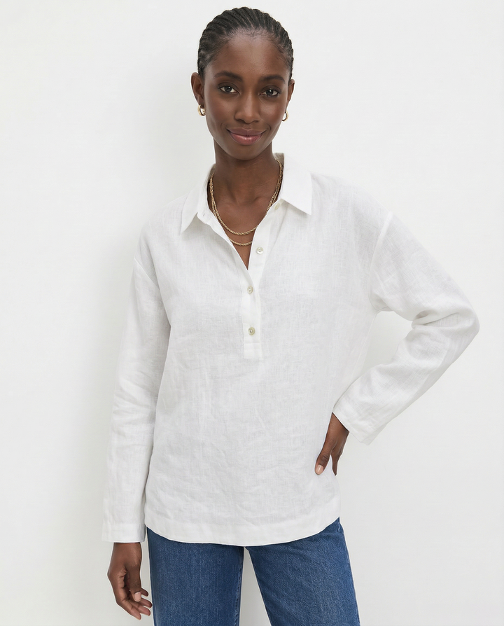 Morgan & Brooke | Natural Polo Collar Relaxed Fit Linen Pullover