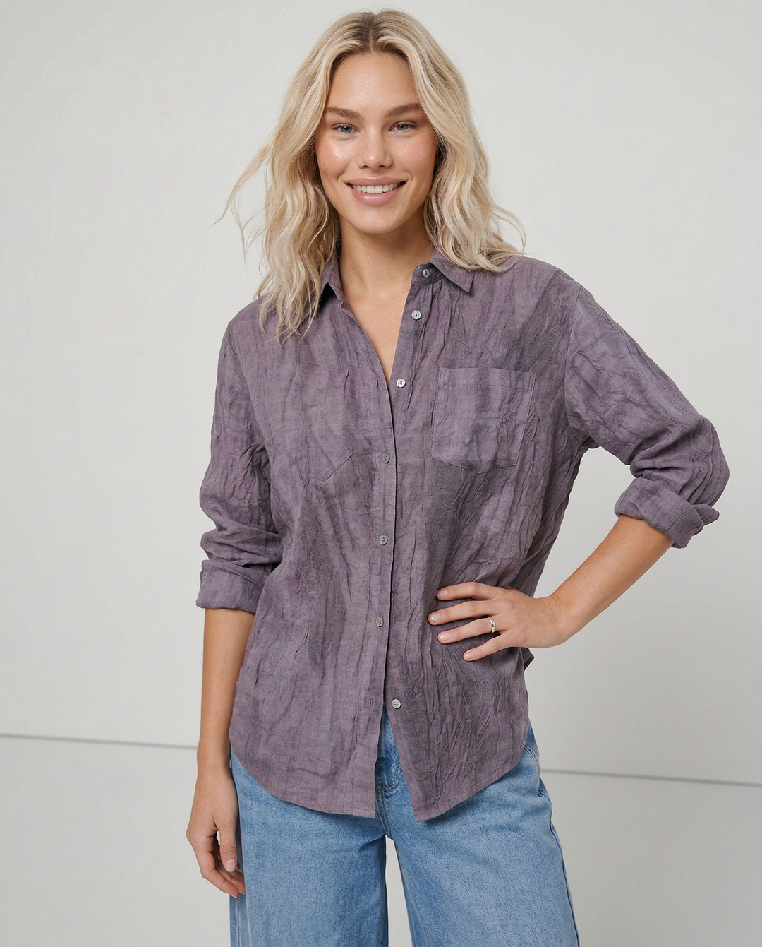 Morgan & Brooke | Natural Pleated Button-Up Linen Shirt