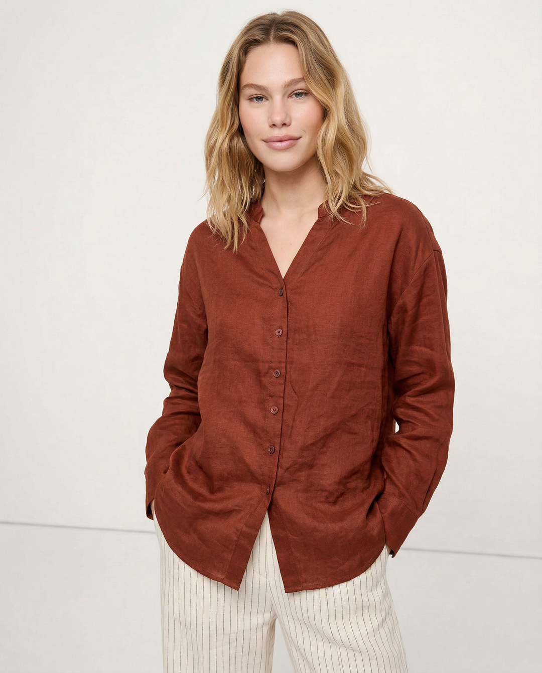Morgan & Brooke | Natural Collarless V-Neck Linen Shirt