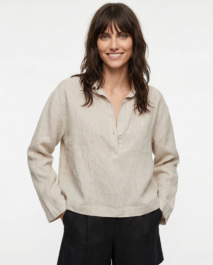 Morgan & Brooke | Natural Polo Collar Relaxed Fit Linen Pullover