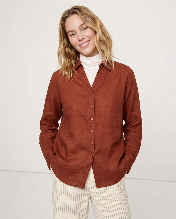 Morgan & Brooke | Natural Collarless V-Neck Linen Shirt