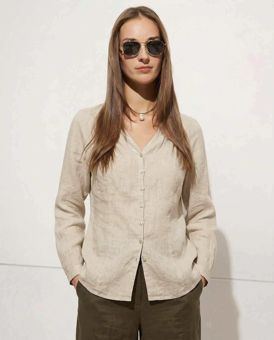 Morgan & Brooke | Fitted V-Neck Linen Blouse