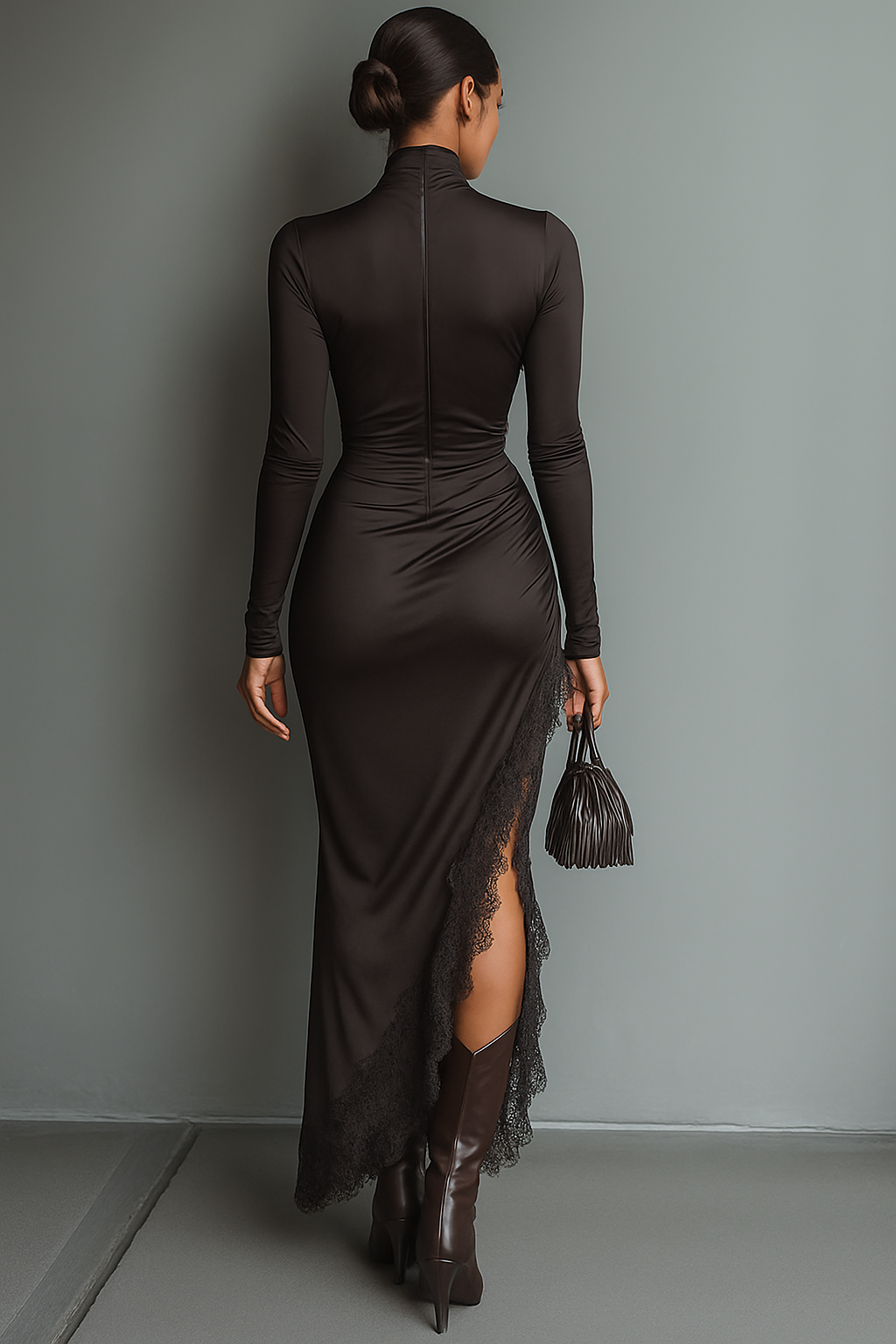 Morgan & Brooke | Dark Brown Satin Irregular Hem Dress