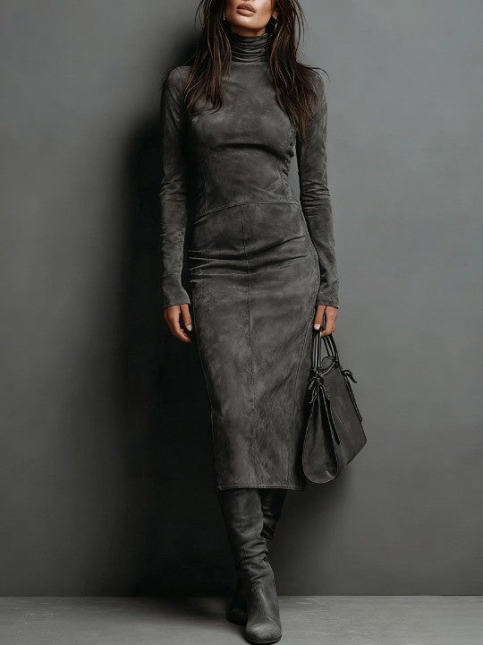 Morgan & Brooke | Long-Sleeve Midi Suede-Feel Dress