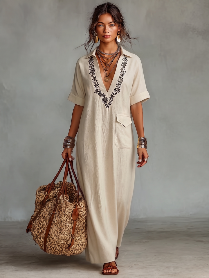 Morgan & Brooke | Red Linen Embroidered Dress
