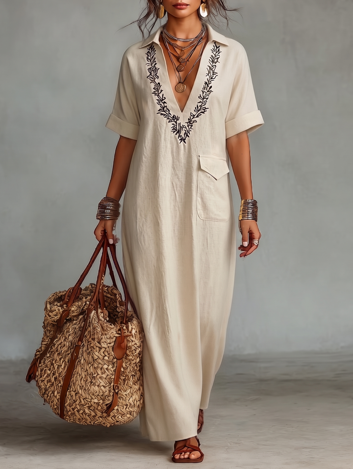 Morgan & Brooke | Red Linen Embroidered Dress