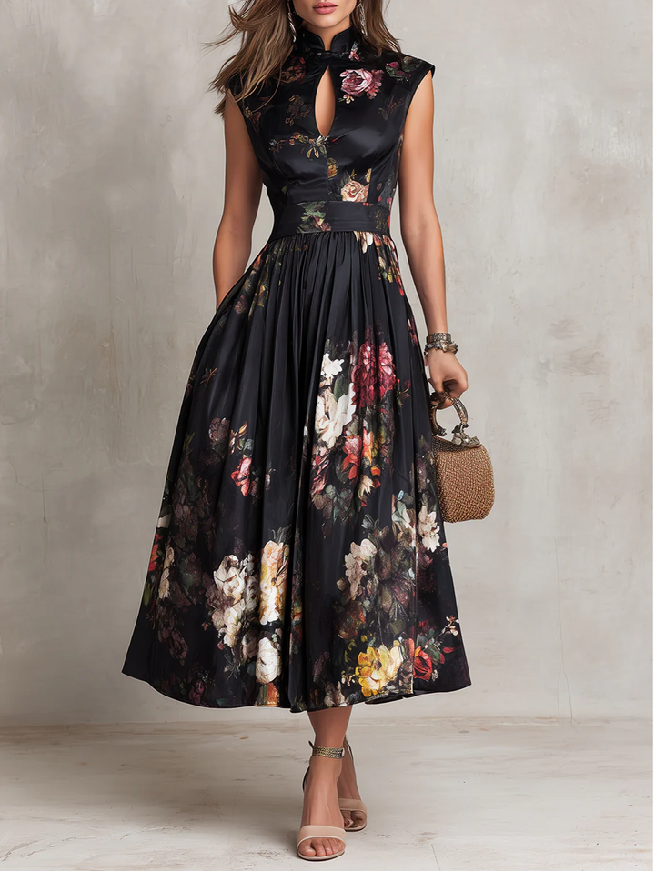 Morgan & Brooke | Elegant Keyhole Collar Pleated Satin Dress