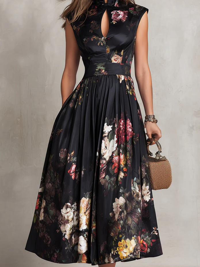 Morgan & Brooke | Elegant Keyhole Collar Pleated Satin Dress
