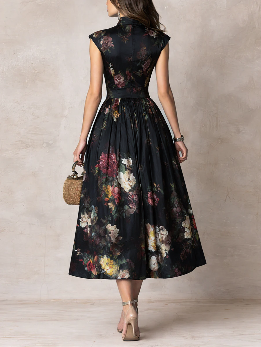 Morgan & Brooke | Elegant Keyhole Collar Pleated Satin Dress