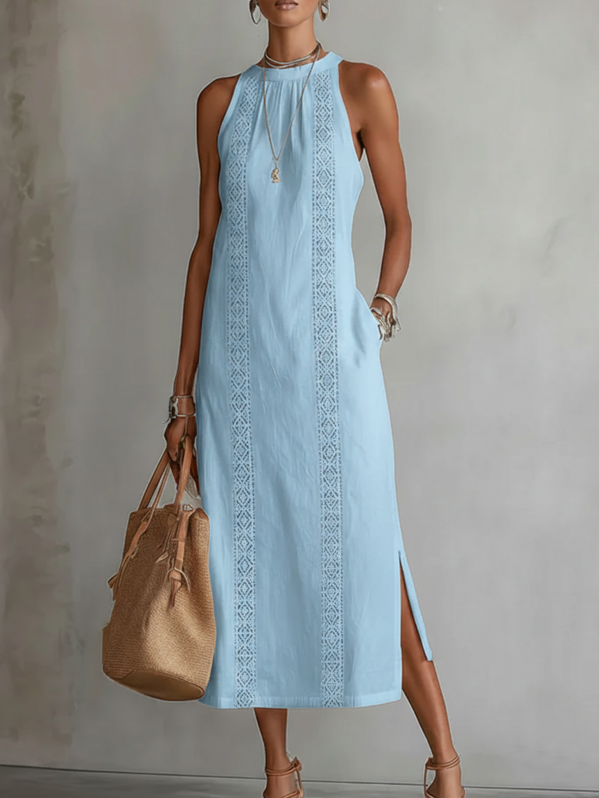 Morgan & Brooke | Stone Midi Mao Collar Linen Dress