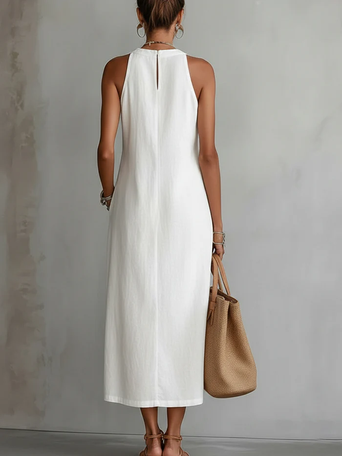 Morgan & Brooke | Stone Midi Mao Collar Linen Dress