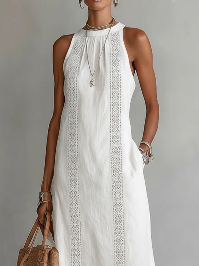 Morgan & Brooke | Stone Midi Mao Collar Linen Dress
