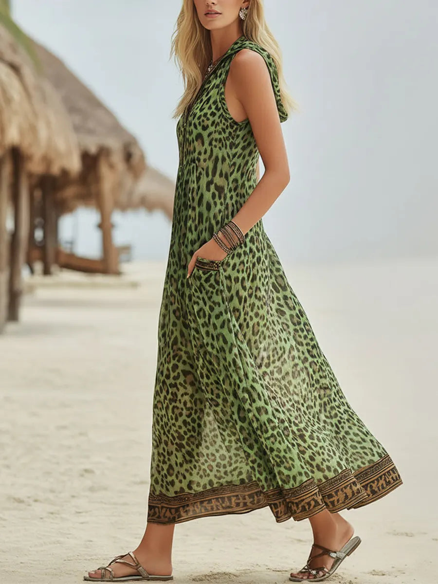 Morgan & Brooke | Green Leopard-Print Hooded Midi Dress