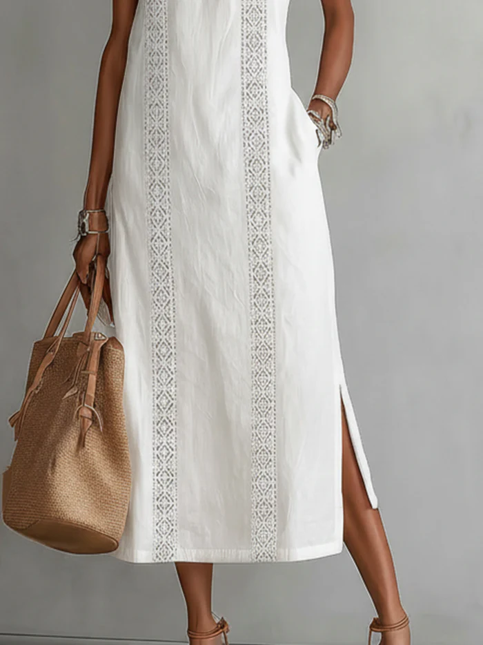 Morgan & Brooke | Stone Midi Mao Collar Linen Dress