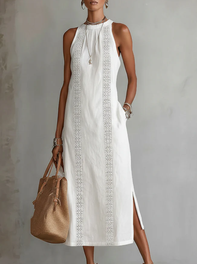 Morgan & Brooke | Stone Midi Mao Collar Linen Dress