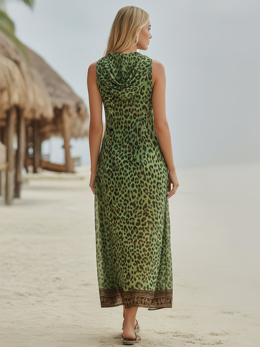 Morgan & Brooke | Green Leopard-Print Hooded Midi Dress