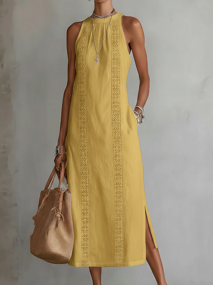 Morgan & Brooke | Stone Midi Mao Collar Linen Dress