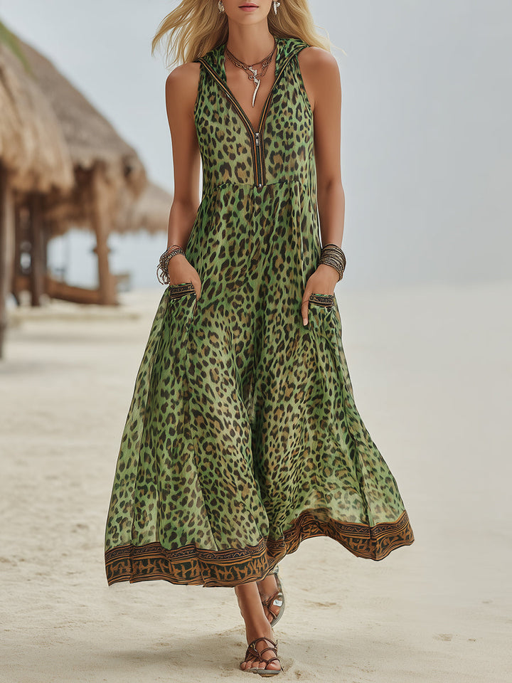 Morgan & Brooke | Green Leopard-Print Hooded Midi Dress