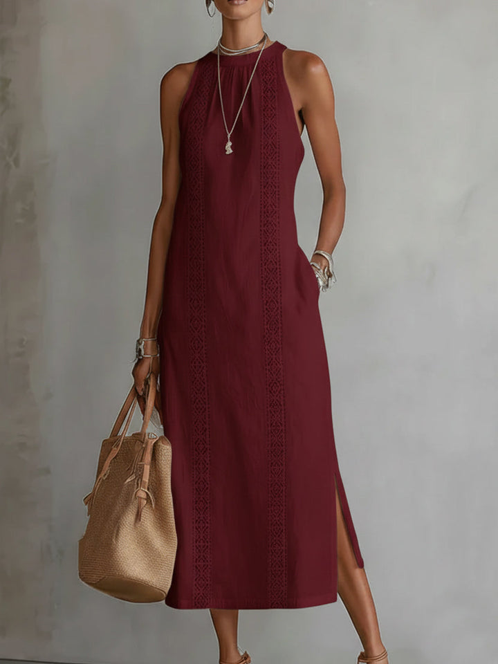 Morgan & Brooke | Stone Midi Mao Collar Linen Dress