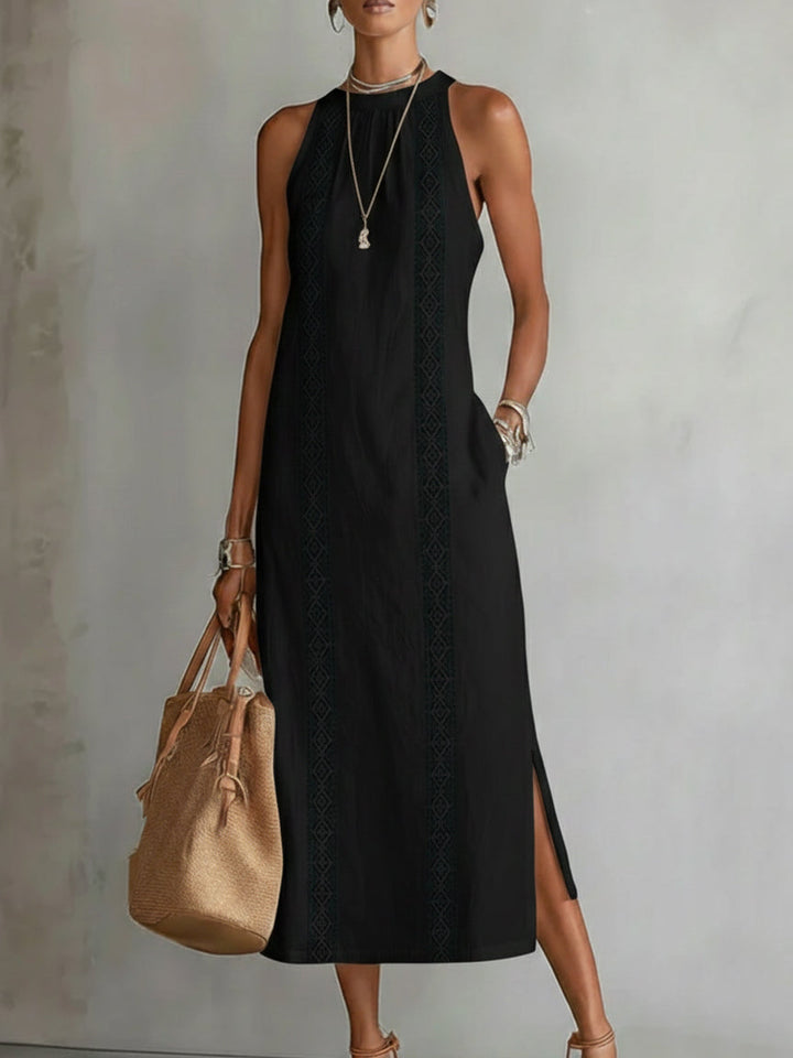 Morgan & Brooke | Stone Midi Mao Collar Linen Dress