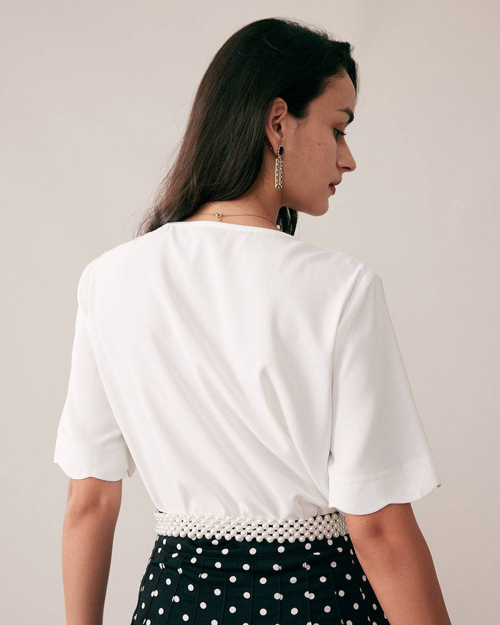 Morgan and Brooke | Ruffle Neckline Button Shirt for Women in White