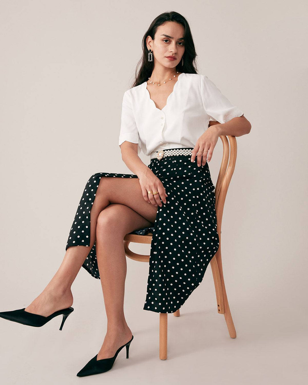 Morgan and Brooke | Ruffle Neckline Button Shirt for Women in White