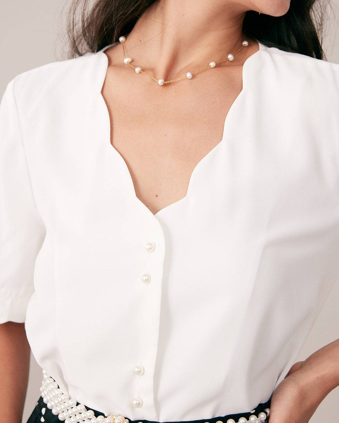 Morgan and Brooke | Ruffle Neckline Button Shirt for Women in White