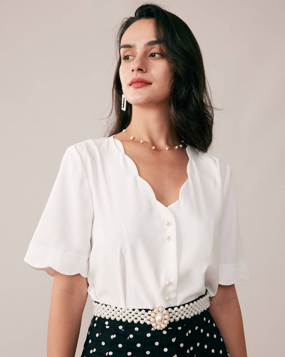 Morgan and Brooke | Ruffle Neckline Button Shirt for Women in White