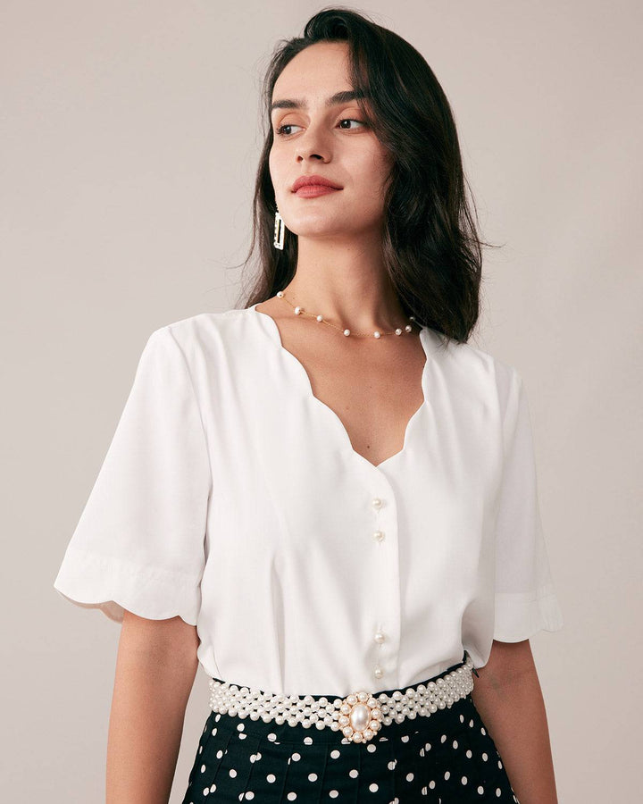 Morgan and Brooke | Ruffle Neckline Button Shirt for Women in White